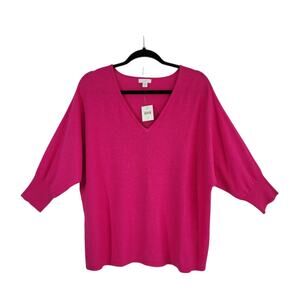 J. Jill Linen‎ Blend Sweater L Petite Pink Pointelle V-Neck 3/4 Sleeve Boxy NEW